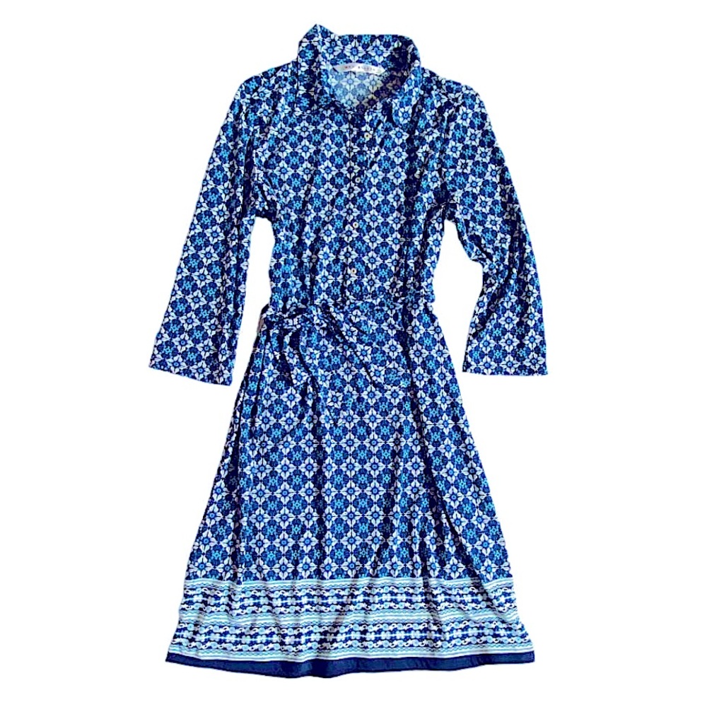 Max Studio Blue 70s Geometric Floral Print Belted Shirt Dress – Size Small (S)